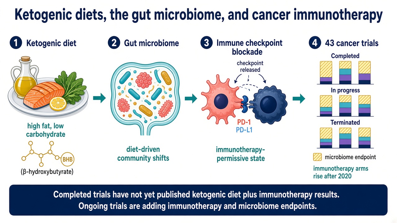 Review of ketogenic diet cancer trials connecting dietary intervention, microbiome changes, and immune checkpoint blockade.